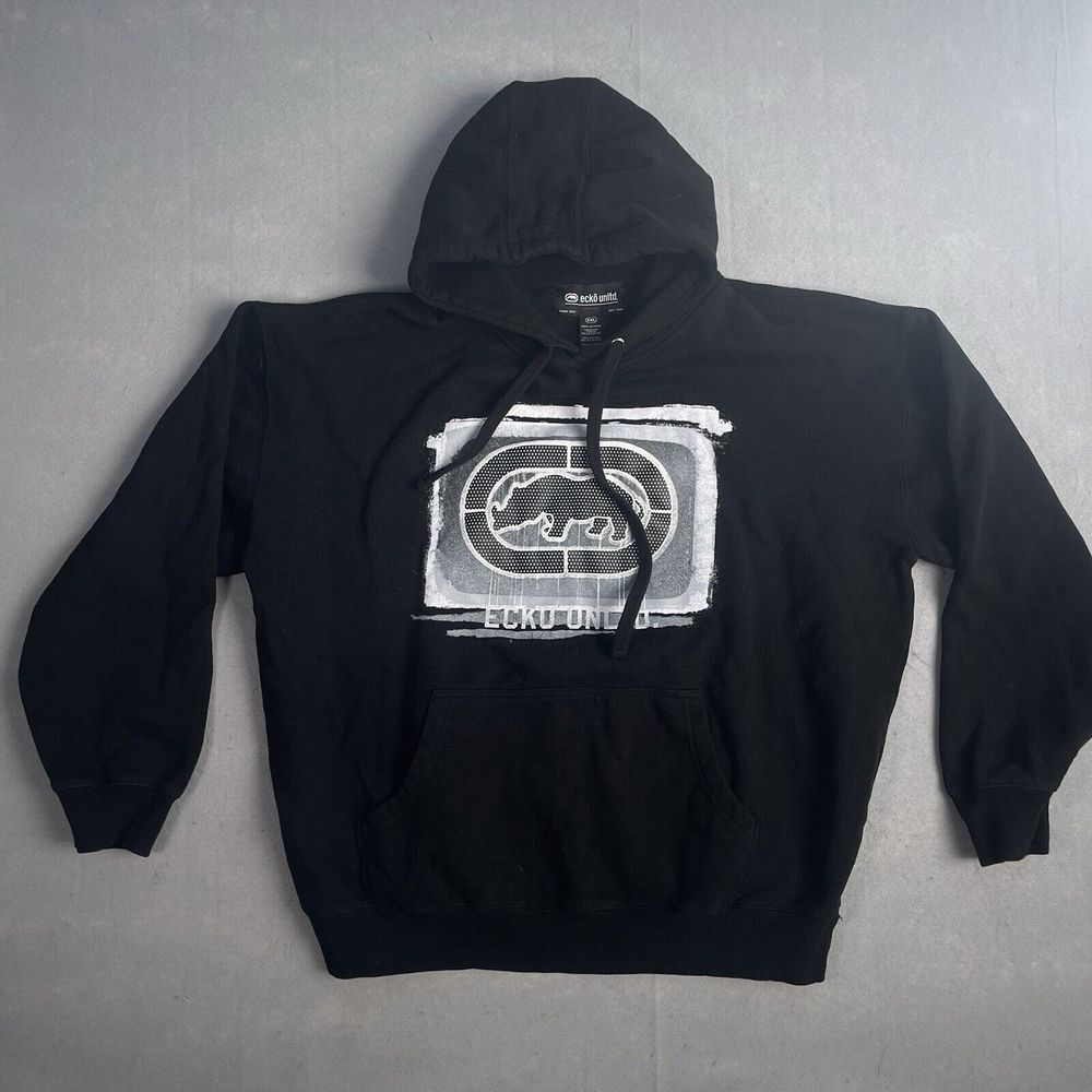 ECKO UNLTD Hooded Pullover Sweatshirt Men XXL‎ Black Baggy Long Sleeve Big Logo
